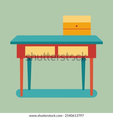 A simple and stylish illustration of a wooden desk with two drawers and a box on top, perfect for adding a touch of vintage charm to your designs. The desk is ideal for home office, study.