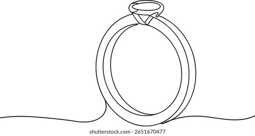 Simple and Stylish Line Art Depicting a Diamond Ring with Faceted Gemstone for Romantic and Celebration Themes