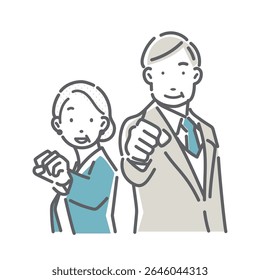 A simple and stylish line drawing of business people in their 40s and 50s taking on new challenges in a positive way