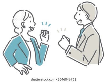 A simple and stylish line drawing of business people in their 40s and 50s taking on new challenges in a positive way