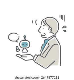 A simple and stylish line drawing illustration of a middle-aged business person who is resistant to AI