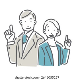 Simple and stylish line drawing illustrations of business people in their 40s and 50s making confident recommendations