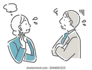 Desenho de linha simples e elegante ilustrações de empresários problemáticos em seus 40 e 50 anos