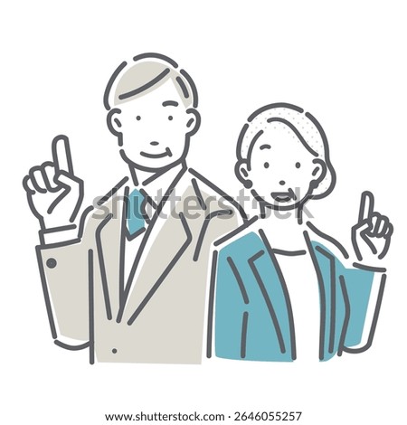Simple and stylish line drawing illustrations of business people in their 40s and 50s making confident recommendations