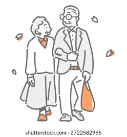 Un dibujo de línea simple y elegante de una pareja mayor disfrutando de un paseo de primavera