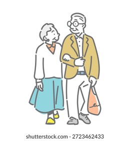 Um simples e elegante desenho de linha de um casal sênior desfrutando de um passeio de primavera