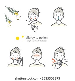 A simple and stylish line drawing of a young woman suffering from hay fever symptoms