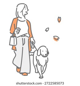 Eine einfache und stilvolle Linienzeichnung einer jungen Frau, die ihren Hund führt