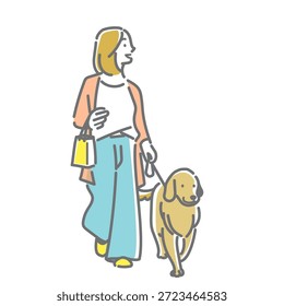 Eine einfache und stilvolle Linienzeichnung einer jungen Frau, die ihren Hund führt