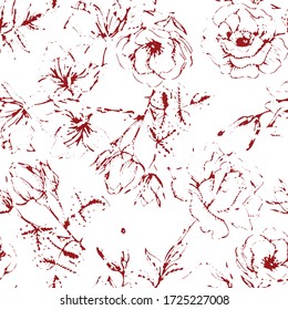 Simple and stylish linear seamless pattern design with hand drawn grunge texture composed of rose, daisy, bud, leafy wild red  flowers on white  background 