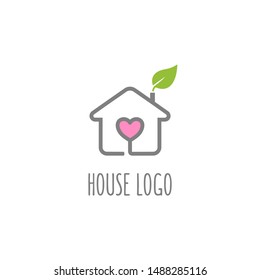 Simple stylish modern house logo with pink heart and green leaf