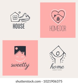 Simple and stylish modern logos and illustrations, vector hand drawn elements, doodle. House logo template.