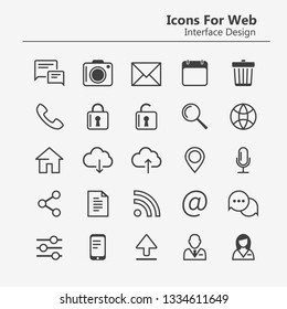 Simple stylish Outline icon set for web and mobile. Contacts and chat icons. Social media infographics. Settings, downloads and home buttons. Outline icons