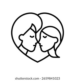 Um simples e elegante esboço de duas pessoas se beijando, apresentado como um gráfico limpo em um fundo branco.