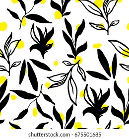 Simple stylish seamless hand-made pattern. Blot stains decorative figures and plants