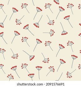 Simple stylish seamless pattern with berries. Branches with red berries, mountain ash. Vector background.
