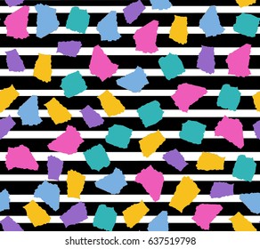 simple stylish seamless pattern with colorful torn paper pieces on  black and white stripes background.simple shapes.vector