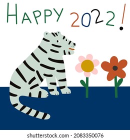 Simple and stylish Tiger design 2022. Chinese new year card design with lettering - Happy 2022 ! and sitting blue tiger  illustration in naive childish style.