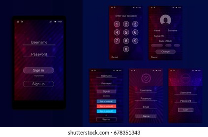 Simple and stylish UI set for smartphones - Login screen, registration, profile page, lock screen vector illustration