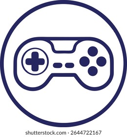 Simple and stylish vector illustration of a game controller icon, encircled within a bold circular frame.