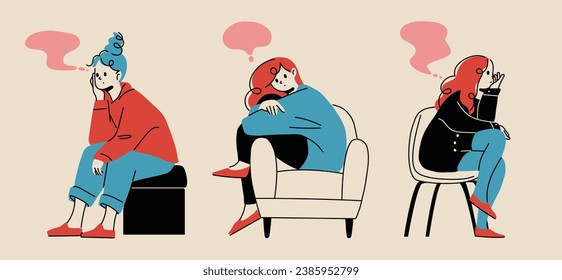 A simple and stylish vector illustration of a woman sitting on a chair and thinking