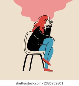 A simple and stylish vector illustration of a woman sitting on a chair and thinking