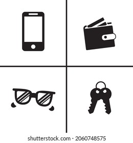 Simple stylish vector of phone, wallet, glasses and keys. black and white set of simple modern devices and gear.
