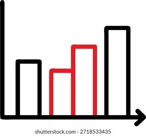 Un gráfico de barras simple y estilizado se representa sobre un fondo blanco. El gráfico presenta cuatro barras de Vertical de diferentes alturas, que representan puntos de datos. Las barras están delineadas en negro y rojo, con la primera y tercera barras delineadas en rojo, y la segunda y cuarta barras en negro. Las barras están dispuestas de izquierda a derecha, mostrando una tendencia general creciente en altura. Una línea Horizontal con una flecha al final forma la base del gráfico, indicando una progresión o línea de tiempo.