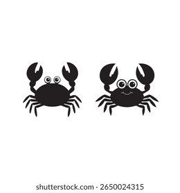 Um simples ícone de caranguejo preto estilizado com grandes olhos redondos e garras proeminentes. O gráfico é colocado sobre um fundo cinza claro, dando-lhe uma sensação limpa e moderna.