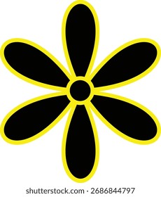 Una flor negra simple y estilizada con seis pétalos y un círculo central, delineada en amarillo vibrante sobre un fondo blanco limpio. La Imagen tiene un toque gráfico e ilustrativo.