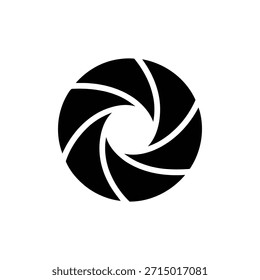 A simple, stylized, black graphic representing the diaphragm blades of a camera lens, often used as a symbol for photography, optics, or visual media creation.