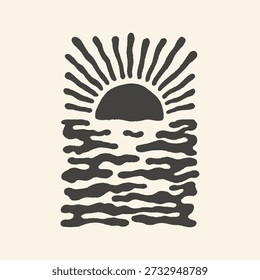 A simple, stylized black illustration of a sun rising or setting over wavy water, presented in a minimalist, textured, and vintage-inspired design on a cream background.