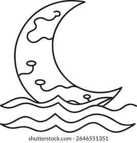 Um simples desenho estilizado de uma linha preta de uma lua crescente mergulhando em água ondulada. A Lua tem formas abstratas como nuvens e pequenos círculos dentro de seu contorno, isolados sobre fundo branco.