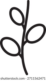 Un simple y estilizado dibujo de contorno negro que representa una Pequeña rama o ramita con tres hojas de forma ovalada unidas a un tallo central. La Imagen se presenta sobre un fondo blanco limpio, enfatizando