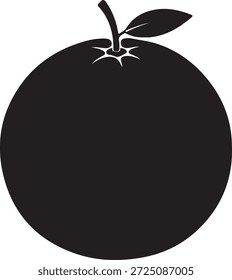 Una silueta negra simple y estilizada de una naranja con un tallo y dos hojas. La Imagen es un gráfico de Vector limpio, adecuado para diversas aplicaciones de diseño.