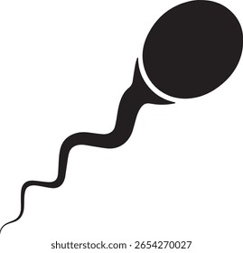 Silhueta preta simples e estilizada de um espermatozoide, isolada sobre um fundo branco. A imagem apresenta a cabeça oval característica e uma cauda longa e ondulada.