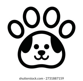 Un sencillo y estilizado gráfico en blanco y negro de la cara de un perro integrado en una huella de pata. El perro tiene ojos redondos, una nariz Pequeña, y una boca sonriente, con orejas flácidas. La huella de la pata tiene cuatro almohadillas de forma ovalada sobre la cabeza del perro.