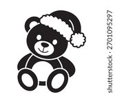 A simple, stylized black and white illustration of a teddy bear wearing a fuzzy Santa hat, perfect for holiday designs.