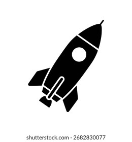 Simple, stylized black and white illustration of a retro rocket ship ascending into the sky	