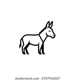 Eine einfache, stilisierte schwarz-weiße Illustration eines Esels, der ein Geschirr trägt, in einem sauberen und modernen Design dargestellt.