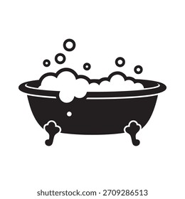 Uma ilustração simples, estilizada em preto e branco de uma banheira vintage de pés de garra transbordando com bolhas espumosas e bolhas de ar.