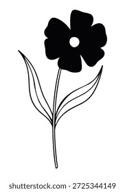 Ilustração simples, estilizada, em preto e branco, de uma única flor com cinco pétalas e duas folhas sobre um caule.