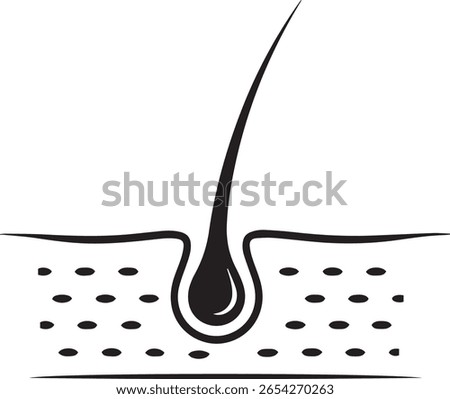 A simple, stylized black and white illustration of a hair follicle embedded in skin, showing the root and bulb structure. It represents hair growth and scalp health.