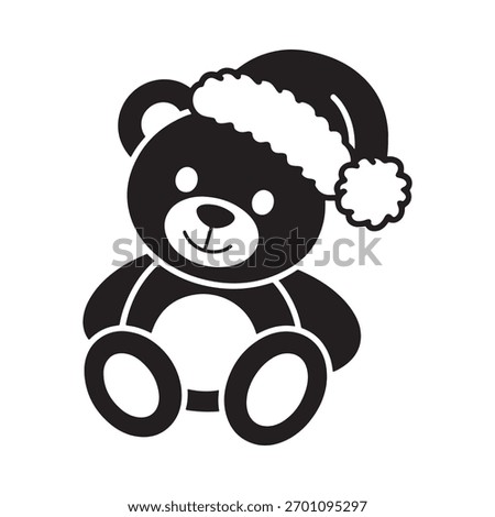 A simple, stylized black and white illustration of a teddy bear wearing a fuzzy Santa hat, perfect for holiday designs.
