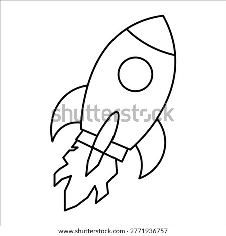 A simple, stylized black and white illustration of a rocket ship blasting off with flames emanating from its engines.