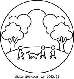 Um simples e estilizado desenho em linha preta e branca retrata três figuras de pau e um cachorro andando em um parque com árvores e colinas rolantes, fechados dentro de um círculo.