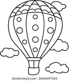 Um simples e estilizado desenho em preto e branco de um balão de ar quente ascendendo através de nuvens fofas dentro de um quadro circular, evocando uma sensação de aventura e liberdade.