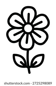 Eine einfache, stilisierte schwarz-weiße Linienzeichnung einer einzelnen Blume mit fünf Blütenblättern und zwei Blättern auf einem Stamm.