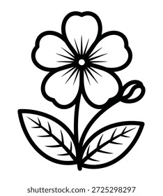 Un simple y estilizado dibujo de línea en blanco y negro de una flor en flor con cinco pétalos, un estambre central, dos hojas y un brote. La obra de arte es limpia y gráfica.