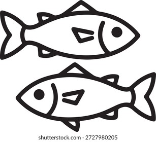 Un simple y estilizado dibujo de línea en blanco y negro de dos peces idénticos nadando uno al lado del otro. Los peces están mirando hacia la izquierda, con sus cuerpos curvados ligeramente hacia arriba. Cada pez tiene un solo ojo, una aleta dorsal, una aleta pectoral y una cola bifurcada. El dibujo tiene una estética limpia y minimalista.